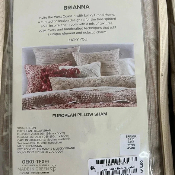 LUCKY BRAND Brianna European Pillow Sham 2 Pk 100% Cotton Embroidery Decorative - Picture 5 of 6